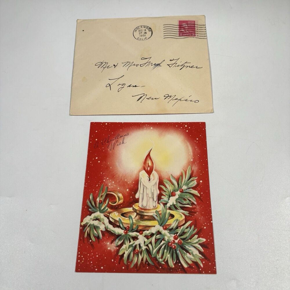 1951 Vintage Christmas Card Candle Holly Red Snow Scene Envelope Stamp Postmark
